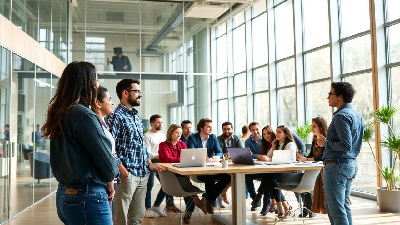 Instructors and learners in conversation in a sunlit open-plan office